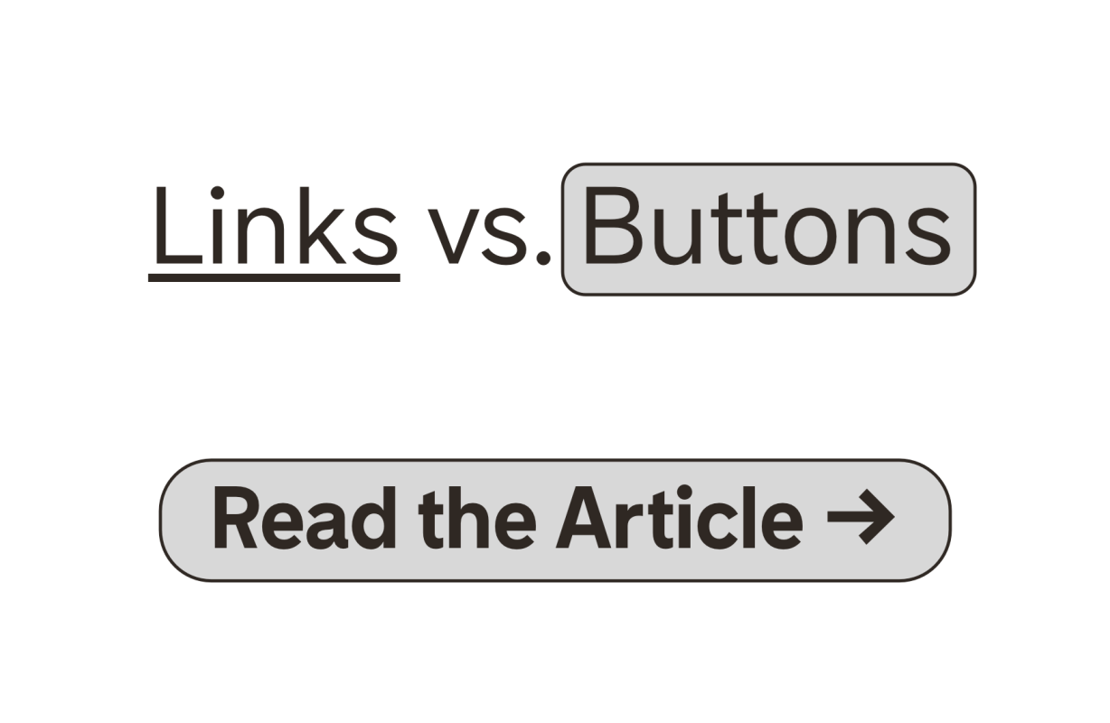 Links vs. Buttons as text where Links is underlined and buttons is in a rounded rectangle. Underneath is a pill shaped &ldquo;Read the article&rdquo; link with an arrow.