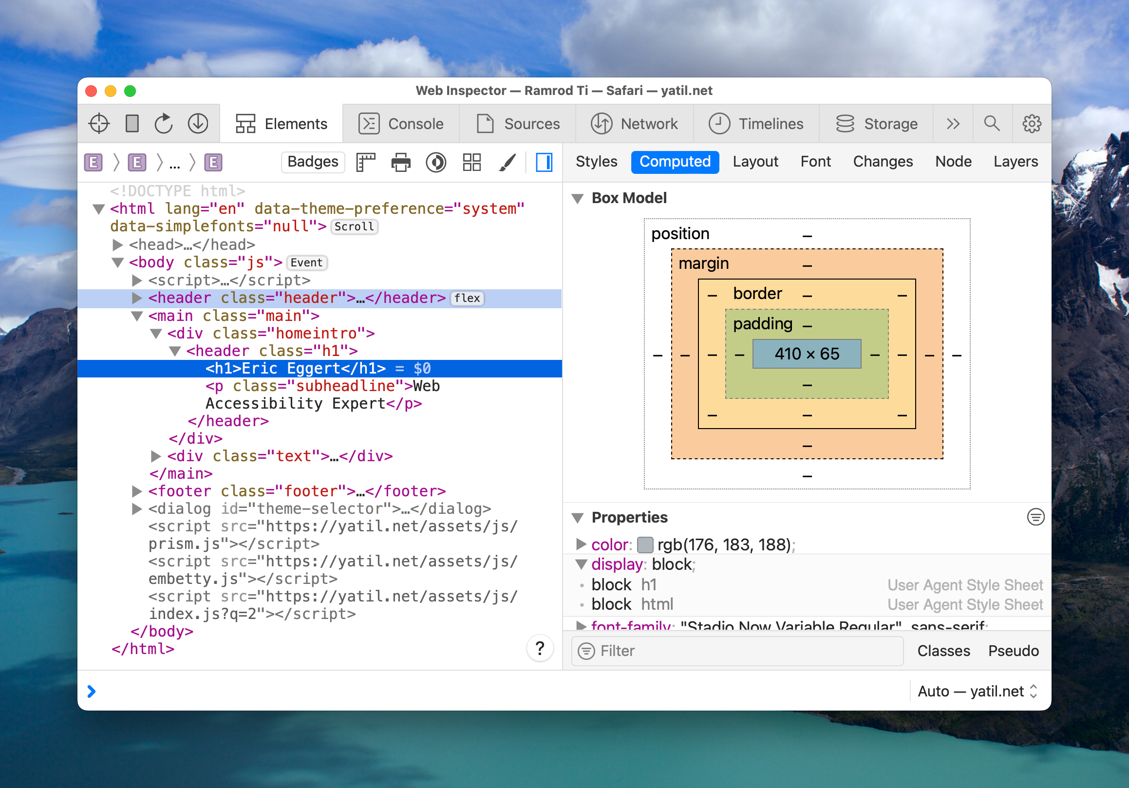 Web inspector window in front of a nature desktop background. The h1 of yatil.net’s home page is selected