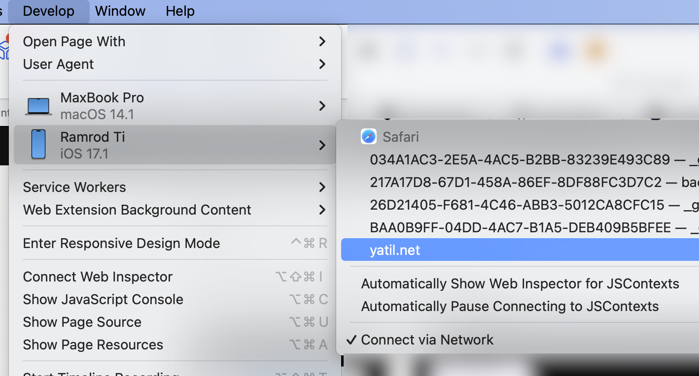 Develop menu showing the MacBook Pro (nicknamed MaxBook Pro, because I’m very clever!) and my iPhone (named Ramrod Ti, as I name all my phones with SaberRider references). The phone is selected and yatil.net is also selected. In addition, Connect via Network is selected.