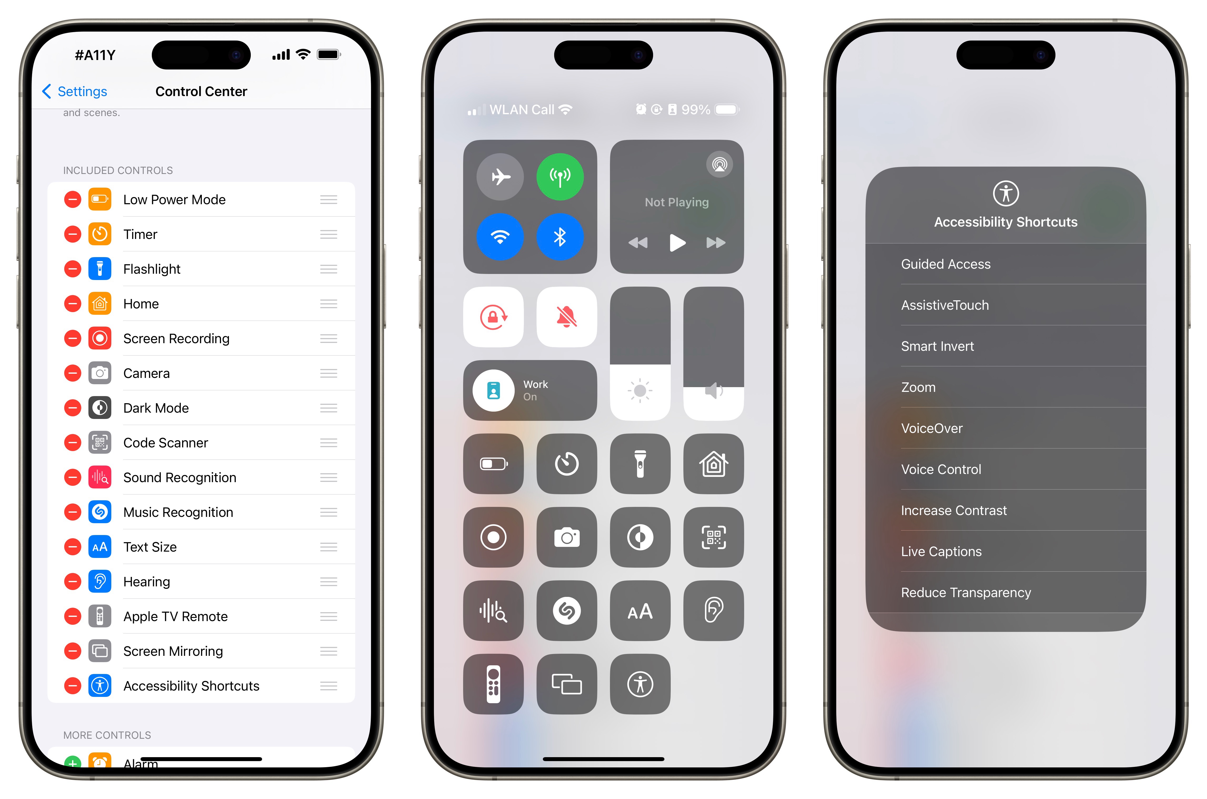 Screenshots of three iPhones, first shows the Control Center configuration in settings, second shows Control Center itself with buttons for accessibility features like Sound Recognision, Text Size, Hearing, and the Accessibility Shortcut. The third screenshot shows the opened Accessibility Shortcut Menu.