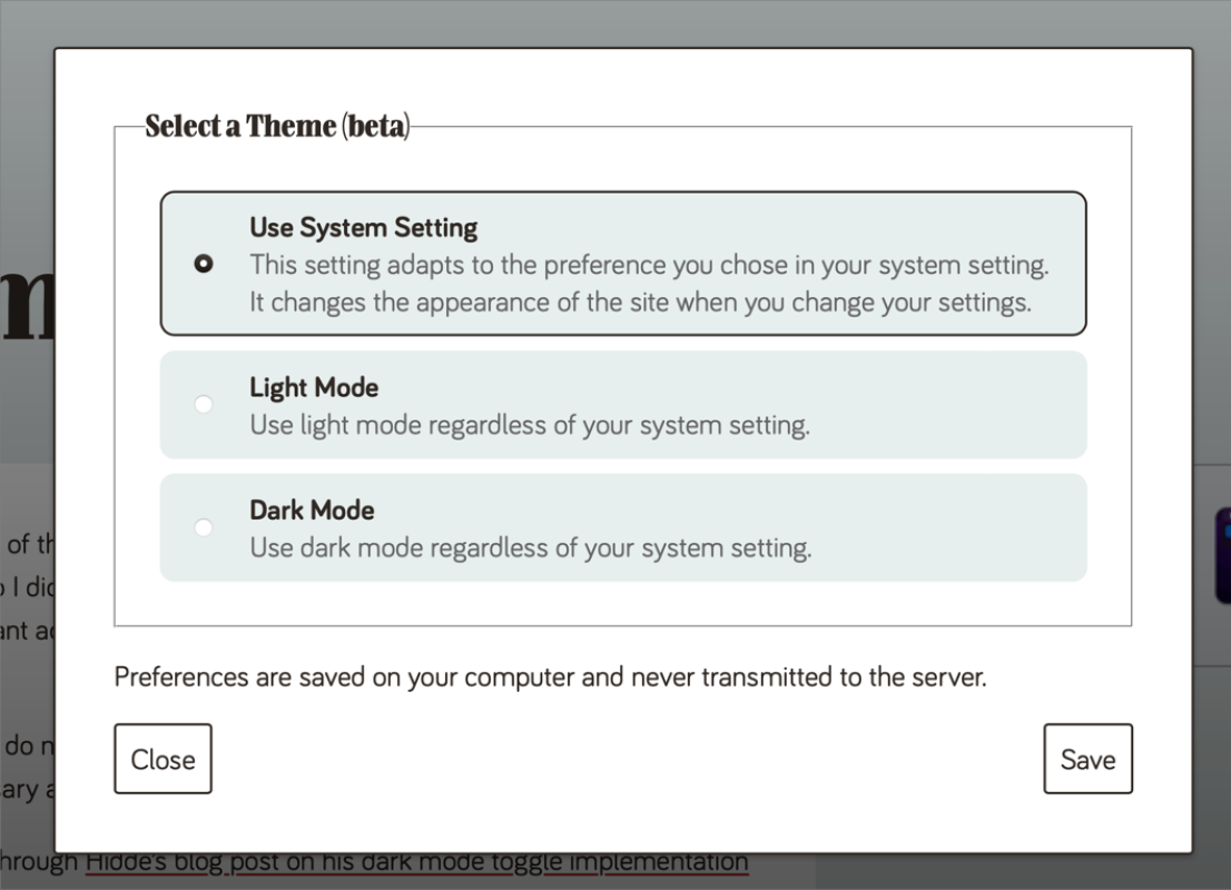 yatil.net theme selector in a dialog